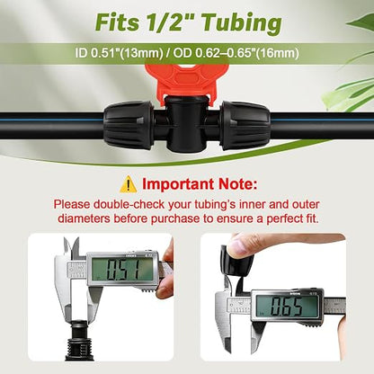 12 Pack 1/2 Inch Drip Irrigation Valve Fittings (1/2" ID x 0.6-0.65" OD), 1/2'' Dripline Barbed Shut Off Valve Connectors with Anti-Drop Lock Nuts for Garden Lawn Irrigation System Connection