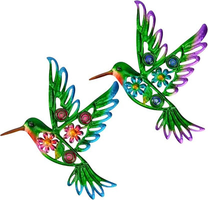 2 Pack Metal/Glass Hummingbird Wall Decor, 12.4" Outdoor Fence Wall Art Decor, Wall Sculpture Hanging Decoration Perfect for Garden Yard Living Room Bedroom Patio Balcony