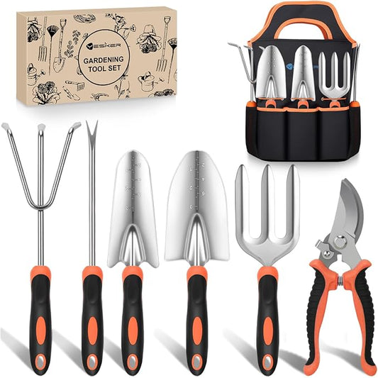 Yesker Gardening Tools 7-Piece Heavy Duty Garden Tool Set Gardening Supplies Gifts for Women Men Gardening Hand Tool Kit with Non-Slip Ergonomic Handle, Garden Bag, Pruning Shears, Black Orange