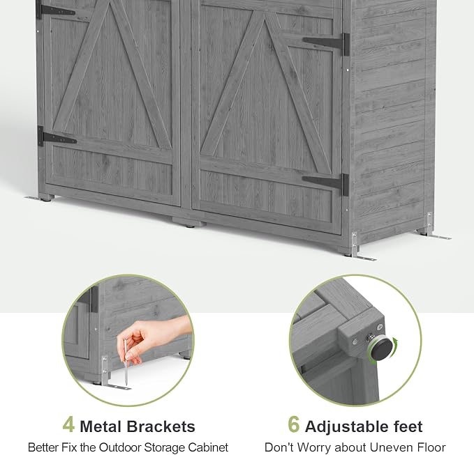 Gizoon Outdoor Storage Cabinet with Waterproof Roof, Double Lockable Doors Garden Shed with 2 Removable Shelves, Wooden Storage Shed with Large Storage Space for Patio, Garden, Backyard, Lawn, Grey