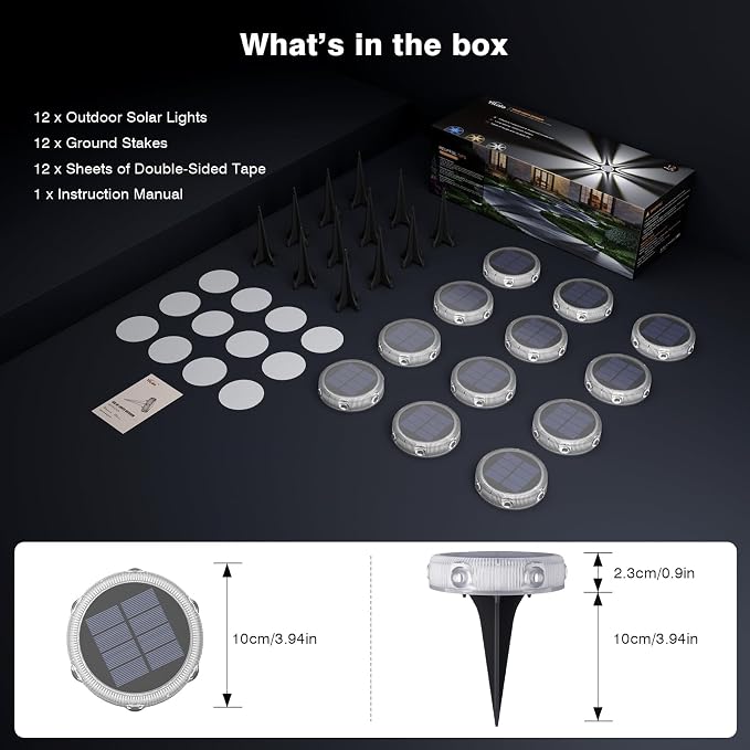 YiLaie 12Pack Solar Ground Lights Outdoor,IP68 Waterproof Solar Powered Garden Lights,Stick & Stake Pathway Light,Unique Glow Flat Solar Lights for Backyard Deck Patio Driveway Walkway, Warm White