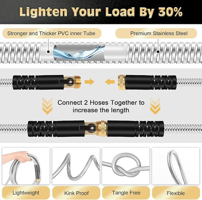 Metal Garden Hose 25FT Stainless Steel Heavy Duty Flexible Lightweight Water Hoses Pipe with 10-Function Spray Nozzle and 3/4" Solid Brass Fittings No Kink Durable for Outdoor Yard & Lawn