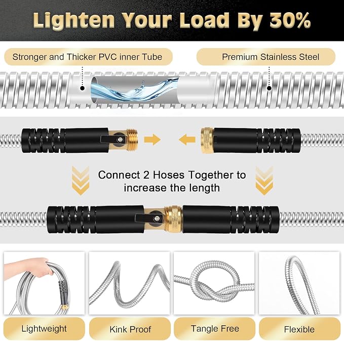 Metal Garden Hose 50FT Stainless Steel Heavy Duty Flexible Lightweight Water Hoses Pipe with 10-Function Spray Nozzle and 3/4" Solid Brass Fittings No Kink Durable for Outdoor Yard & Lawn