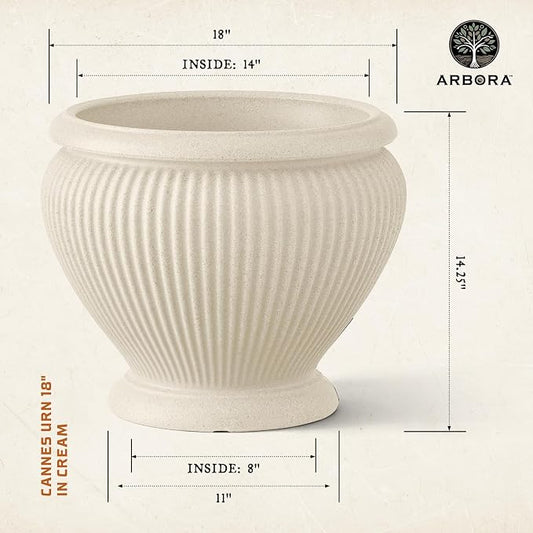 ARBORA 18" Cannes Urn Planter - Premium Polyresin Decorative Outdoor Planter with Drillable Drainage Hole for Optional Indoor Use, Lightweight, Weatherproof Plant Pot for Front Step, Garden, Deck