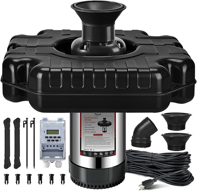 Pond Fountain Aerator, 1HP 110V 750W Floating Pond Fountain, With 100 FT Power Cord，Waterproof Timer，2x100 FT Traction Rope，Floating Water Fountains for Ponds