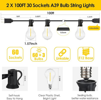 Larkvue 200FT(2x100FT) Outdoor String Lights, LED Patio Lights with 63 Waterproof Shatterproof A39 Dimmable Bulbs(3 Spare) for Balcony-2 Pack Black