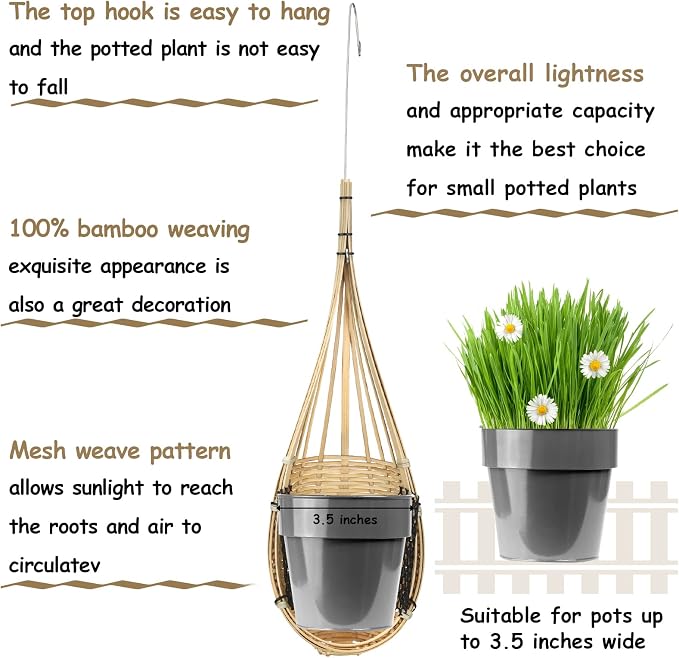 Yookeer 4 Pack Orchid Hanging Basket, 4 Inch Handmade Thai Bamboo Woven Hanging Planter Pot with Adjustable Metal Hook, Breathable Bird Nest Style Gift Basket for Orchids, Indoor Summer Decoration