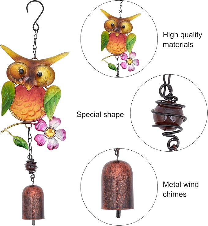 GORGECRAFT 13” Owl Wind Chimes for Outside Rustic Copper Animal Metal Wind Bell Memorial Gifts Garden Yard Decor Windchimes Owl Wind Catcher for Outdoor Decorations Home Yard Patio Mom Women Grandma
