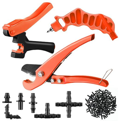 Feekoon Drip Irrigation Hole Punch Tool, 2 in 1 Drip Tubing Punch and Fitting Insertion Tool for 1/4 Inch Emitters, 16 20 25mm PE Pipe, Garden Repair(Orange,230 Irrigation Plugs)