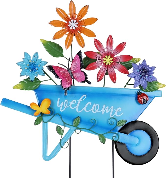 YEAHOME Garden Decor for Outside, 25” Decorative Garden Stakes Metal Wheelbarrow with Flowers for Spring Decor, Butterfly Cart Welcome Yard Signs for Outdoor Lawn Backyard Porch Pathway Decorations