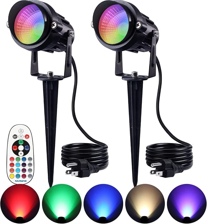 SUNVIE 2-Pack RGBW Spotlight Outdoor 12W LED Color Changing Landscape Lights with Remote Control 120V RGB Landscape Lighting Waterproof Spot Lights Outdoor for Yard Garden Patio Lawn Decorative