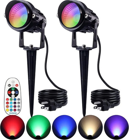 SUNVIE 2-Pack RGBW Spotlight Outdoor 12W LED Color Changing Landscape Lights with Remote Control 120V RGB Landscape Lighting Waterproof Spot Lights Outdoor for Yard Garden Patio Lawn Decorative
