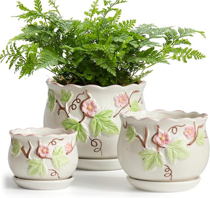 STHIE Ceramic Plant Pots with Drainage Holes and Saucers, Round Flower Pots for Indoor Plant, 4/5.2/6.6 Inches Vintage Flower Planters Set of 3