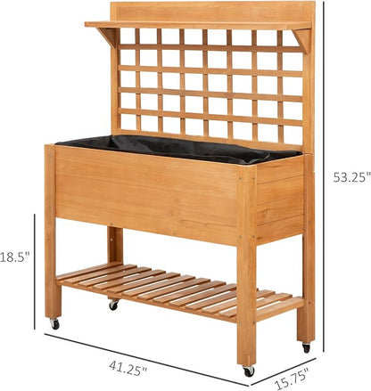 Outsunny 41" Raised Garden Bed with Trellis on Wheels, Wooden Elevated Planter Box with Legs and Bed Liner, for Flowers, Herbs & Vegetables, Brown