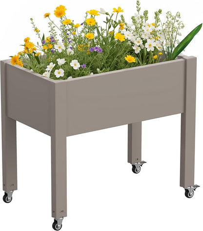 Elevated 26.3" Tall Raised Garden Bed with Wheels - Outdoor Mobile Resin Planter Box with Drainage Holes for Vegetables Flower Herbs, Weather Resistant, Gray (26.3" h)