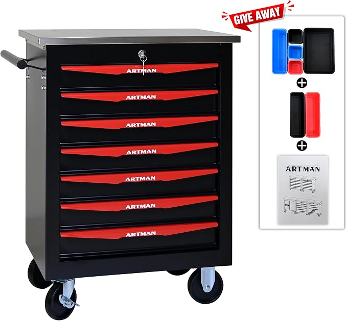 KEIKI 7 Drawers Tool Cart on Wheels,Multifunctional Rolling Tool Chest Tool Storage,Drawers Rolling Tool Trolley Organizer Tool Case for Garage, Warehouse, Workshop, Repair Shop (Black)