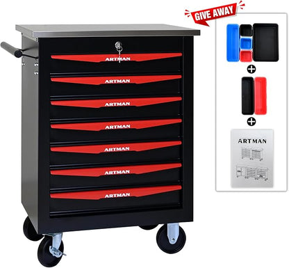 KEIKI 7 Drawers Tool Cart on Wheels,Multifunctional Rolling Tool Chest Tool Storage,Drawers Rolling Tool Trolley Organizer Tool Case for Garage, Warehouse, Workshop, Repair Shop (Black)
