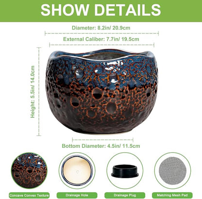 Ceramic Planter - 8 Inch Plant Pots with Drainage Hole and Plug, Unique Flower Pots for Indoor Outdoor Plants, Round Decorative Pots for Plants, Home Decor, Graduation Gifts, Brown-Blue