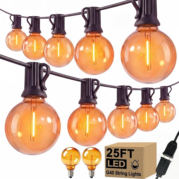 25 LED Outdoor String Lights, 25Ft Halloween Decoration Lights | Shatterproof Orange G40 Bulbs, Connectable, Plug in, UL Certified, Hanging Halloween Lights for Home Decor Patio