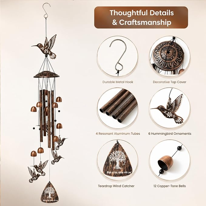 Hummingbird Wind Chimes for Outside, Metal Outdoor Wind Chime with Aluminum Tubes, Hummingbird Garden Decor for Patio Porch Yard, Memorial Sympathy Gift for Mom Women