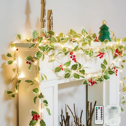 suddus 40 LED Christmas Fairy Lights Battery Powered,12.5ft Vine String Lights with Red Berries & Holly Leaf Timer Remote, Artificial Garlands for Fireplace, Bedroom,Porch,Door,Table,Stairs,Xmas Decor