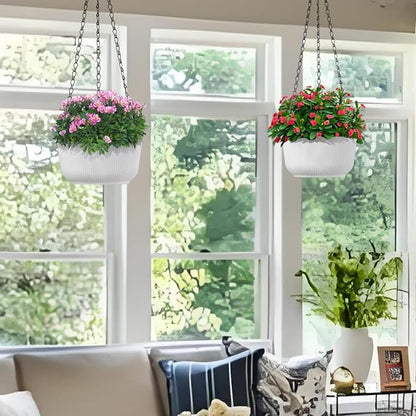 8 Inch Hanging Pots for Indoor Outdoor Plants Set of 2 | Self-Watering Hanging Planters with Internal Saucers, Drainage Holes & Plugs (Hooks)
