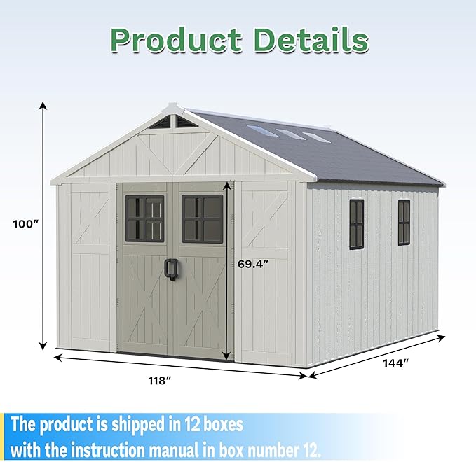 Greesum 10X12FT Plastic Outdoor Storage Shed with Floor and Lockable Door, Resin Sheds with 6-Windows and Multiple Skylights, HDPE Kick-it Shed for Garden, Patio, Backyard, Beige