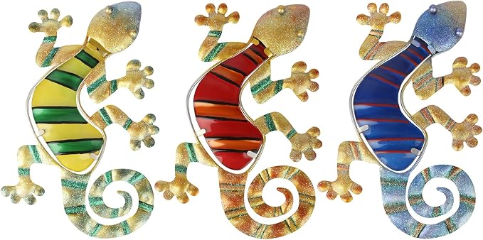 WANFSOWO 3D Metal Gecko Wall Art, Hand-Painted Colorful Lizard Wall Sculpture, Indoor Outdoor Hanging Decor for Garden Fence Patio Porch Backyard, Home Decor Gift (Style 2)