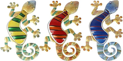 WANFSOWO 3D Metal Gecko Wall Art, Hand-Painted Colorful Lizard Wall Sculpture, Indoor Outdoor Hanging Decor for Garden Fence Patio Porch Backyard, Home Decor Gift (Style 2)