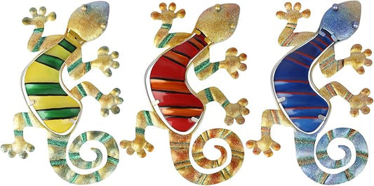 WANFSOWO 3D Metal Gecko Wall Art, Hand-Painted Colorful Lizard Wall Sculpture, Indoor Outdoor Hanging Decor for Garden Fence Patio Porch Backyard, Home Decor Gift (Style 2)
