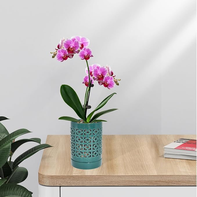 4 in Ceramic Orchid Pot for Repotting with Saucers, Orchid Pots with Holes More Ventilation Hole Easy Breathing, Plant Pot for Repotting Orchids and Other Flowers - Indoor/Outdoor Green