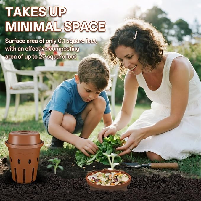 Inground Worm Composter, Mini Underground Worm Farm for Garden Beds, Outdoor Worm Compost Bin for Food Waste, Vermicomposting Bin for Beginners, Elderly, Children (7x7x7.4Inch), Tan, 2-Pack
