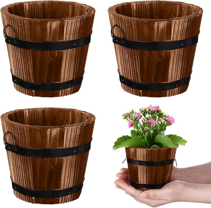 3 Pcs Rustic Wooden Bucket Flower Planter Patio Garden Backyard Planter Outdoor Indoor Home Decor
