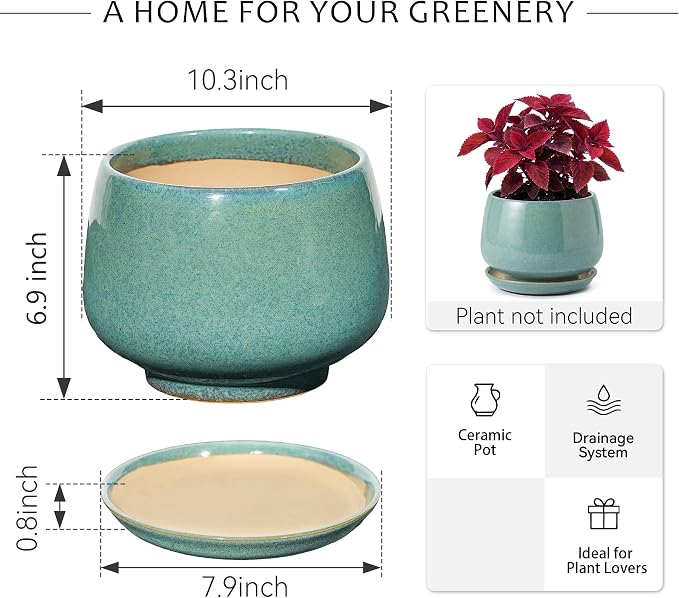 10.3 Inch Ceramic Planter with Saucer,Modern Garden Pots with Drainage Hole Mesh Net, for Indoor Outdoor Use (Blue-Green)