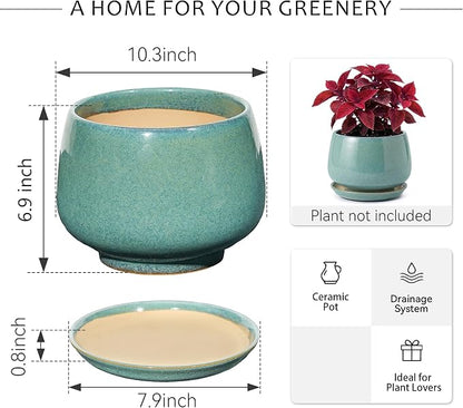 10.3 Inch Ceramic Planter with Saucer,Modern Garden Pots with Drainage Hole Mesh Net, for Indoor Outdoor Use (Blue-Green)