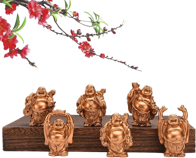 6Pcs 2.5'' Gold Resin Laughing Buddha Figurines, Tabletop Lucky Decor | Lucky Happy Maitreya Buddha Statue, Flower Pot Statue, Home Office Desk Decor, Fengshui Collection Gift Ornaments