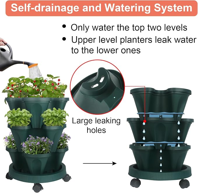 GameXcel Vertical Planter Tower - 3 Tier Stackable Garden Planters with Wheels and Tools Plant Pots for Strawberry Herb Flower and Vegetable Indoor Outdoor Use Green