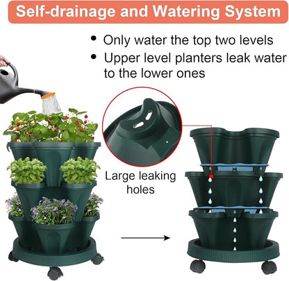 GameXcel Vertical Planter Tower - 3 Tier Stackable Garden Planters with Wheels and Tools Plant Pots for Strawberry Herb Flower and Vegetable Indoor Outdoor Use Green