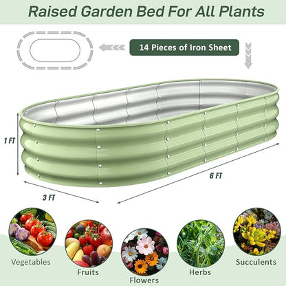 Galvanized Raised Garden Bed Outdoor, 6x3x1FT Metal Heavy Duty Planter Boxes for Gardening, Easy Assemble Bottomless Big Oval Plant Container Kit for Vegetable, Flower, Fruit, Tomatoes, Green