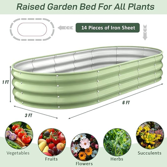 Galvanized Raised Garden Bed Outdoor, 6x3x1FT Metal Heavy Duty Planter Boxes for Gardening, Easy Assemble Bottomless Big Oval Plant Container Kit for Vegetable, Flower, Fruit, Tomatoes, Green