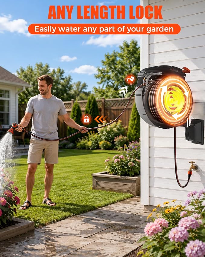 100FT Retractable Garden Hose Reel 1/2 Inch, Wall Mounted Heavy Duty Water Hose with Auto-Lock, Slow Return, 180° Swivel Bracket & 9-Pattern Spray Nozzle, UV Resistant Outdoor Hose Storage System