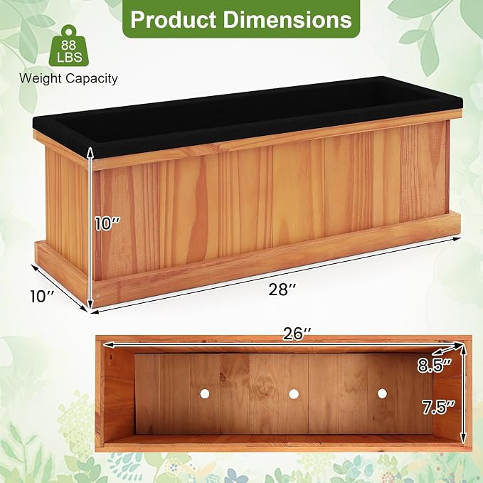 Giantex Outdoor Raised Garden Bed, 28” x 10” x 10” Pine Wood Planter Box with 3 Drainage Holes, Removable Bottom & Bed Liner, Rectangular Flower Container for Vegetables, Herbs, Indoor & Outdoor