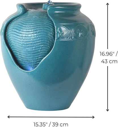 Teamson Home Floor Glazed Pot Water Fountain with Built-in LED Light and Pump for Outdoor Indoor Patio Garden Backyard Decking Home Décor, 17 inch Height, Teal | Floor Standing Ceramic Waterfall, LED Lights, Patio Garden Deck Porch Yard, Zen Outdoor De...