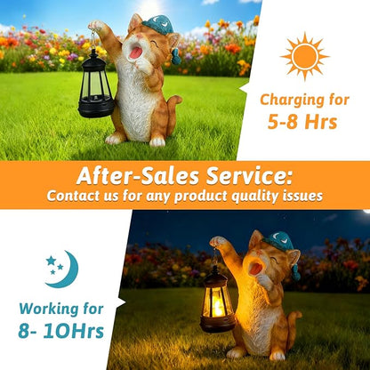 Solar Dragon Garden Statue with Lantern and Birds – Resin Dinosaur Figurine with LED Light for Yard, Outdoor Decor, Gifts for Mom, Women (Cat)