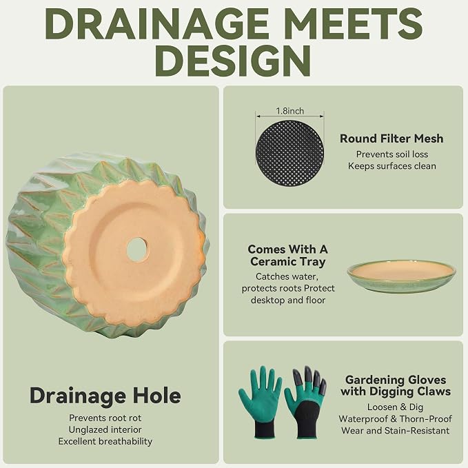 7.5 Inch Ceramic Planter Pot with Saucer Drainage Leak-Proof Mesh,Flower Pots for Indoor Plants with Gardening Gloves,Ceramic Planter(Light Green)
