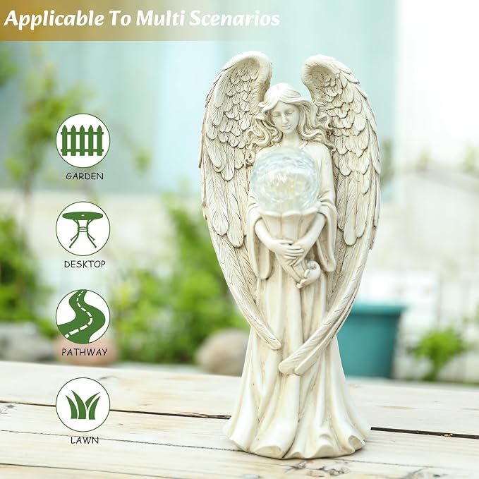 Angel Statues for Garden-Garden Angels Outdoor Statue - Solar Angels Figurines Holding Glass Ball Flower for Outdoor Decor or Housewarming