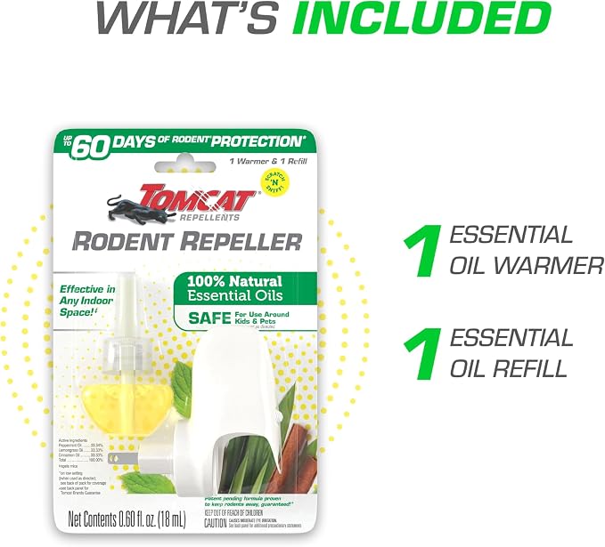 Tomcat Repellents Rodent Repeller, 1 Warmer with 1 Refill | Indoor Plug-In with Lemongrass, Cinnamon, and Peppermint Oil Natural Essential Oil Blend, Repels Rats and Mice