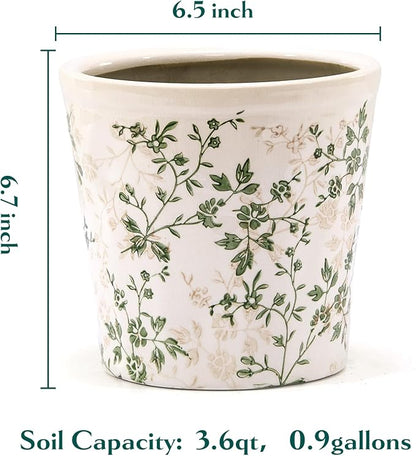 Ceramic Planter with Drainage Hole, Plastic Tray & Mesh, 6.7 Inch - Indoor/Outdoor Flower Pot for Orchids, Succulents, Green Floral Modern Farmhouse Décor for Home,Office and Garden, Ideal Gift