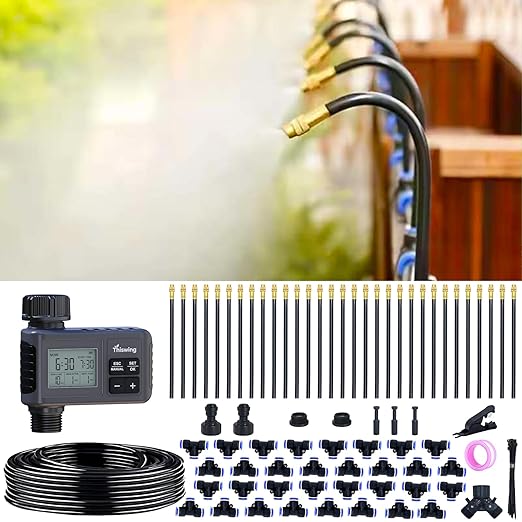 360° Adjustable Drip Irrigation System - 100 FT Automatic Garden Watering System with 32 Nozzles & Water Timer, Raised Bed Sprinkler System, Garden Mister for Yard, Lawn, Plants, 5/16" Tubing