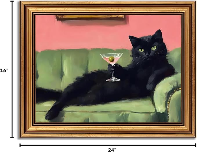Devunaty Vintage Gold Framed Black Cat Martini Wall Art, Cocktail Bar Cart Wall Decor, Funny Cat On Green Sofa Canvas Print, Eclectic Whimsical Painting Picture For Bedroom Living Room Decor 16"x24"